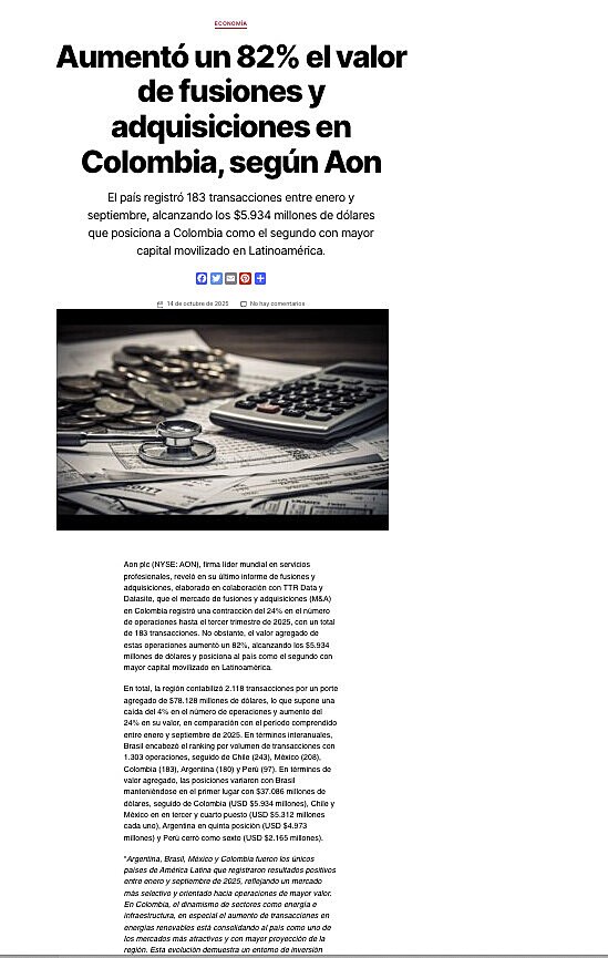 Aument� un 82% el valor de fusiones y adquisiciones en Colombia, seg�n Aon